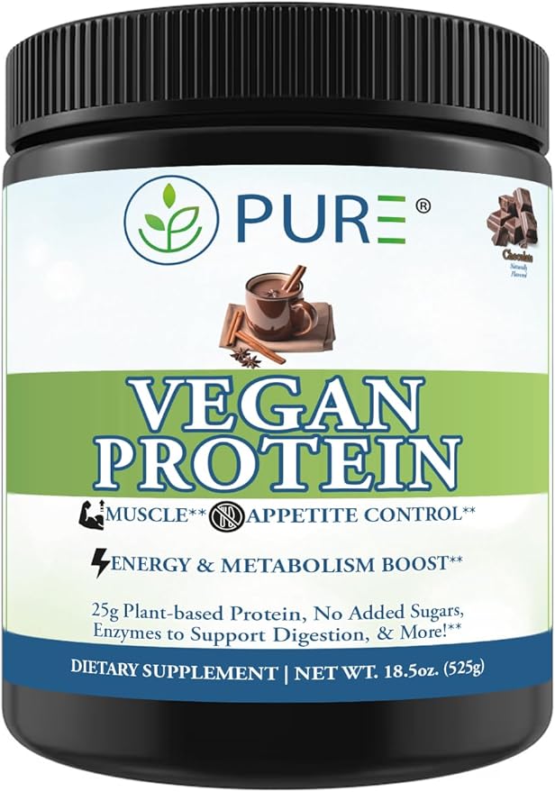 PURE® Vegan Protein Powder - 25g Plant Based Protein 15 Servings - Pea &amp Mung Bean Blend with Digestive Enzymes - Dairy-Free - Muscle Recovery &amp Appetite Control - Chocolate 525 Grams