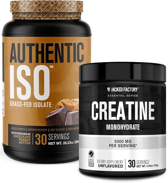Jacked Factory Authentic ISO Grass Fed Whey Protein Isolate Powder - Low Carb Muscle Building Protein (30 Servings Chocolate Peanut Butter) &amp Creatine Monohydrate Powder (30 Servings Unflavored