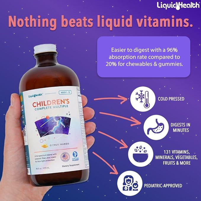 LIQUIDHEALTH Children's Complete Multivitamin &amp Attention Teens &amp Kids Liquid Vitamin Bundle for Children - Immune Support Improve Focus Concentration Boost Mood - Vegan Non-GMO Made in U