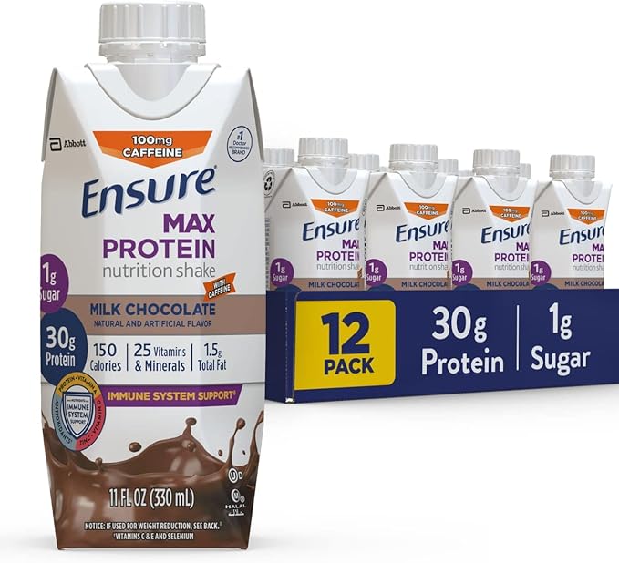 Ensure Max Protein Nutrition Shake with 30g of Protein &amp Max High Protein Nutrition Shake Milk with 30g of Protein 1g of Sugar Chocolate w/Caffeine 11 Fl Oz (Pack of 12)