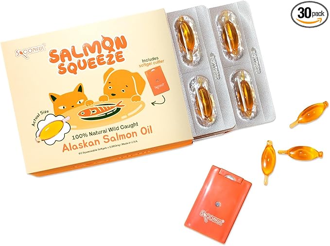Spoonful Salmon Squeeze - 100% Natural Wild-Caught Alaskan Salmon Oil – 2000 mg Omega-3 Softgel 60 Squeezeable Softgels | DHA EPA &amp Natural Astaxanthin Non-GMO Sustainable Made in USA (60)