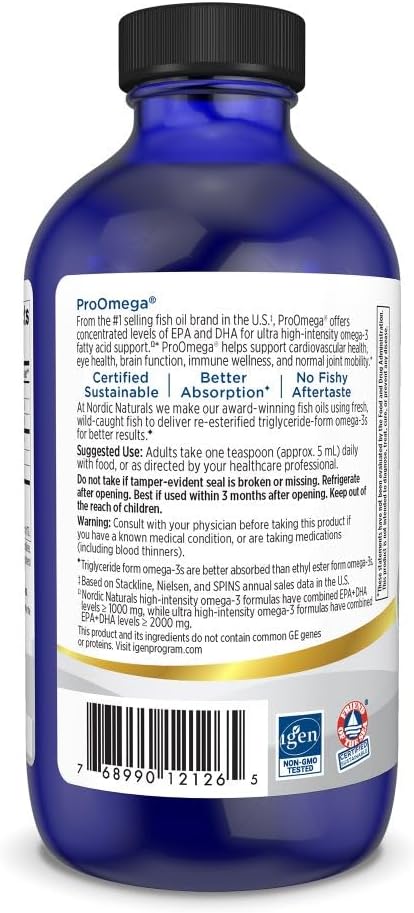 Nordic Naturals ProOmega Liquid Lemon Flavor - 8 oz - 2840 mg Omega-3 - High Potency Fish Oil with EPA &amp DHA - Promotes Brain Eye Heart &amp Immune Health - Non-GMO - 48 Servings
