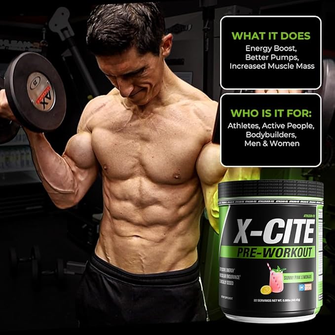 X-CITE Pre-Workout by ATHLEAN-X - Enhanced Formula with Beta-Alanine Creatine &amp Caffeine for Ultimate Energy Endurance Focus &amp Muscle Pump NSF Certified for Sports (Sunny Pink Lemonade)