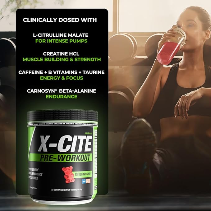 X-CITE Pre-Workout by ATHLEAN-X - Enhanced Formula with Beta-Alanine Creatine &amp Caffeine for Ultimate Energy Endurance Focus &amp Muscle Pump NSF Certified for Sports (Sour Gummy Bear)