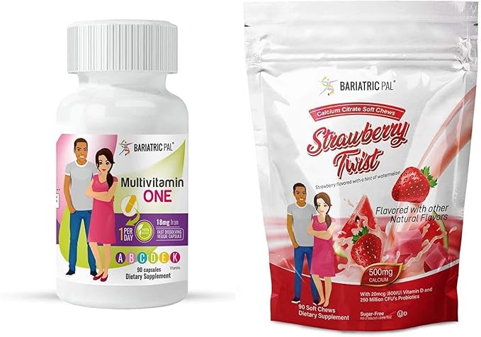 BariatricPal 90-Day Bariatric Vitamin Bundle (Multivitamin ONE 1 per Day! Capsule with 18mg Iron and Calcium Citrate Soft Chews 500mg with Probiotics - Strawberry Twist)