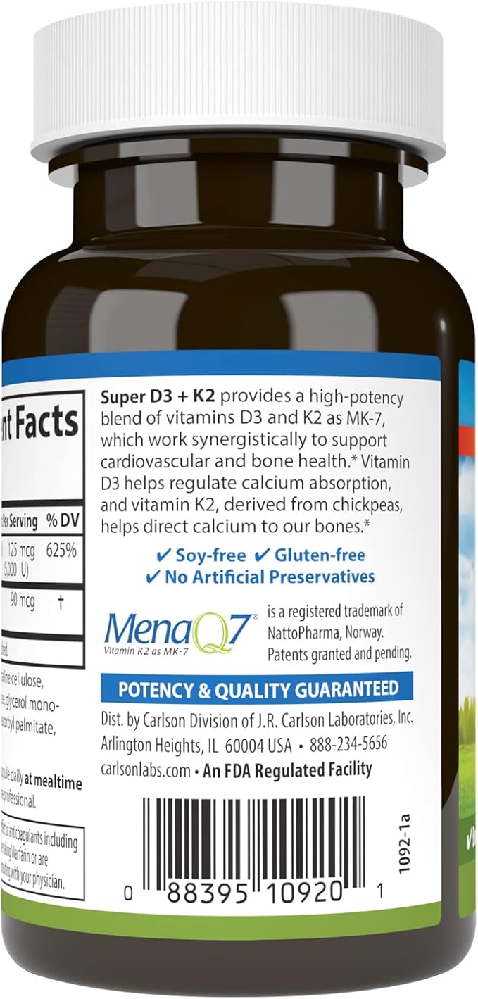 Carlson - Super D3 + K2 125 mcg (5000 IU) Vitamin D3 90 mcg Vitamin K2 as MK-7 Bone Support Calcium Absorption 90 Vegetarian Capsules