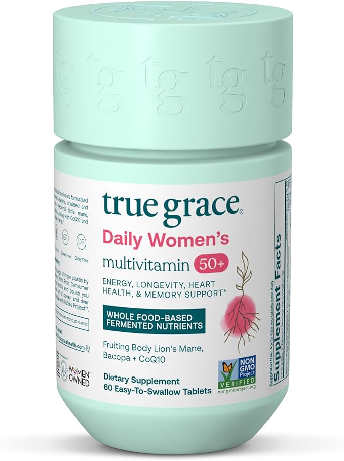 True Grace Daily Women’s Multivitamin 50+ - 60 Easy-to-Swallow Tablets - Immune Energy Longevity &amp Memory Support - Vegan - Gluten Soy &amp Iron Free - 30 Servings