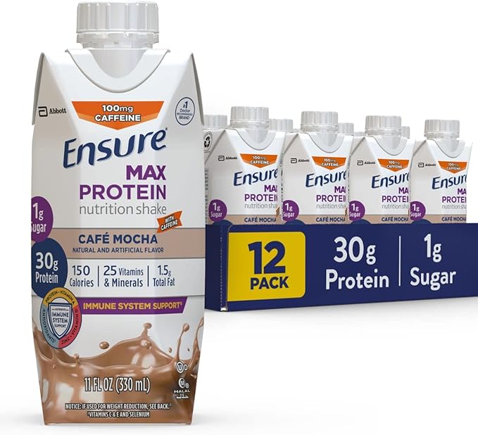 Ensure Max Protein Liquid Nutritional Shake with 30g of Protein &amp Max Protein Nutrition Shake with 30g of Protein 1g of Sugar High Protein Shake Creamy Strawberry 11 fl oz (Pack of 12)