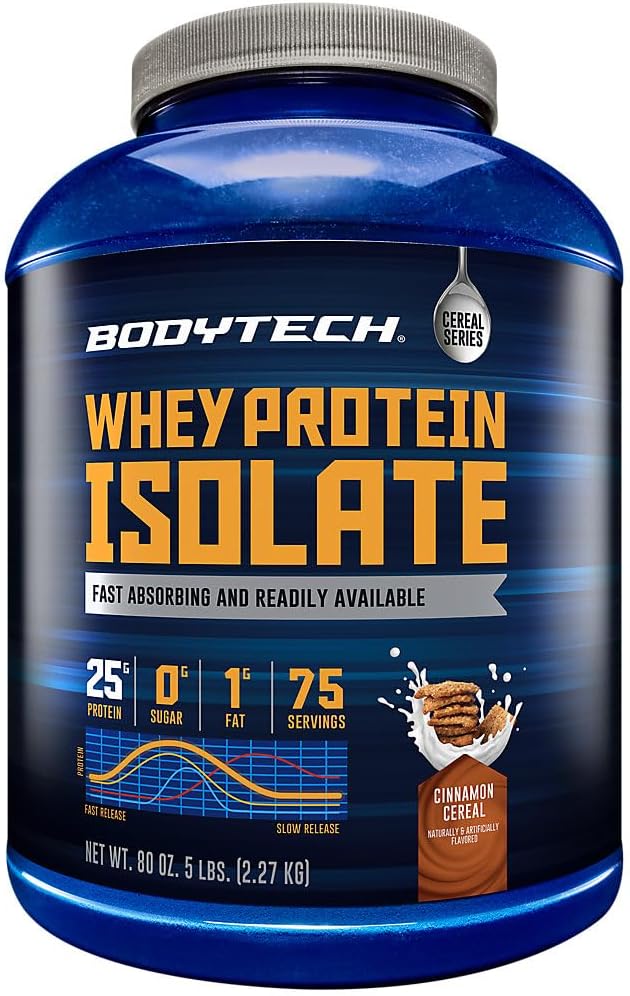 BodyTech Whey Protein Isolate Powder - 25g Protein per Serving with BCAAs - Fast-Absorbing for Muscle Growth &amp Recovery - Cinnamon Cereal (5 lb 75 Servings)