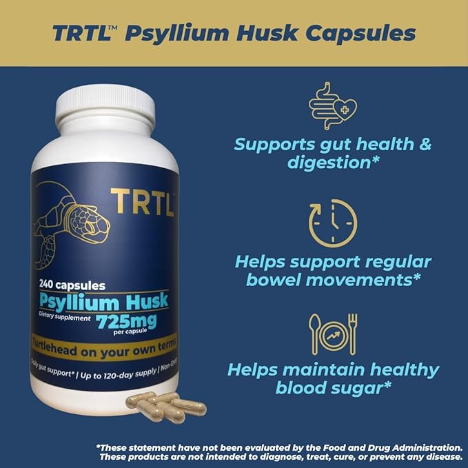 TRTL Psyllium Husk Capsules – 240ct | Fiber Supplement for Gut Health Support &amp Digestive Regularity | Packaged &amp Tested in USA Non-GMO | 2.2g Fiber per Serving
