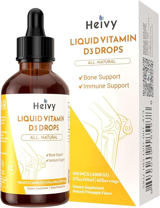 Heivy Liquid Vitamin D Drops Pineapple Flavour Vitamin D3 100 mcg (4000 IU) Per Serving Bone &amp Immune Support Vegan Gluten-Free Non-GMO 2 Fl Oz/60ml (Pack of 2)