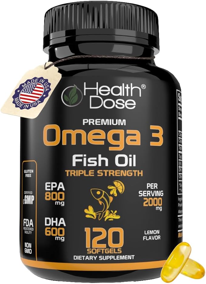 Health Dose Omega 3 Fish Oil 2000mg – Lemon-Flavored Softgels with EPA 800mg &amp DHA 600mg for Brain Heart and Wellness Support – Easy-to-Digest No Fish Burps – 120 Softgels 2-Month Supply