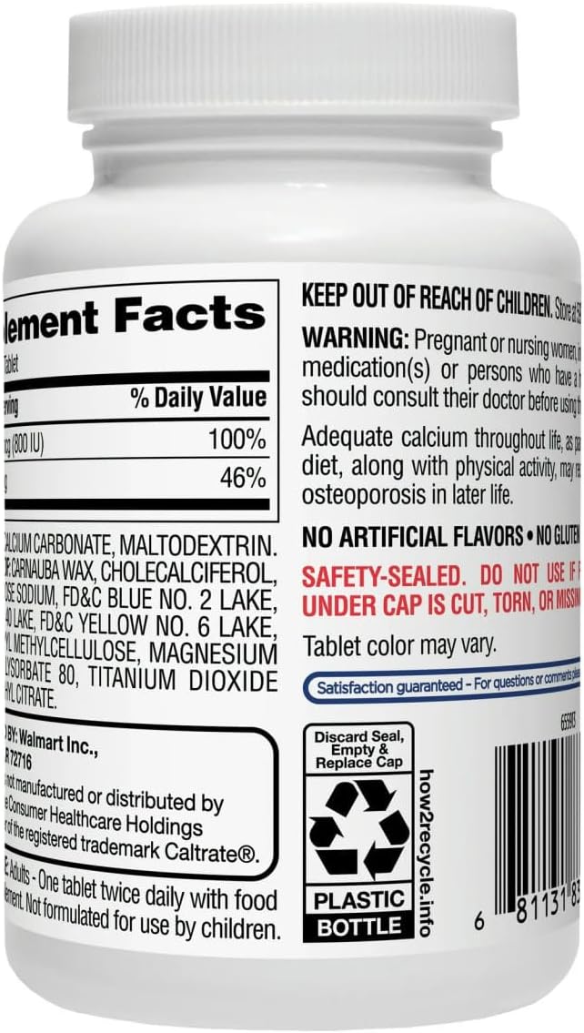 Equate Calcium 600 mg + Vitamin D3 20 mcg (800 IU) Tablets Dietary Supplement 120 Count Sticker