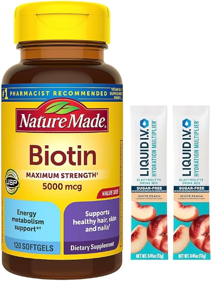 Nature Made Biotin Maximum Strength 5000 MCG - Hair Skin and Nails Support - 180 Softgels Plus Bonus 2 Sugar Free White Peach Hydration Sticks