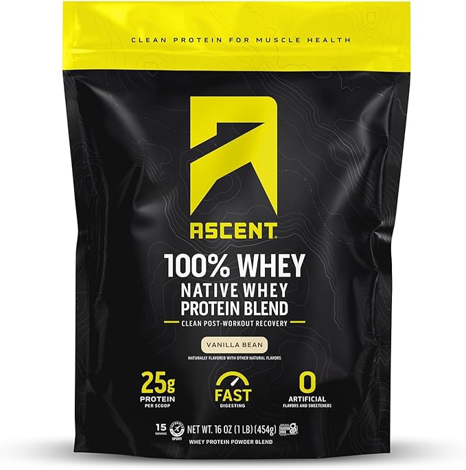 Ascent 100% Whey Protein Powder - Post Workout Whey Protein Isolate Zero Artificial Flavors &amp Sweeteners Gluten Free 5.5g BCAA 2.6g Leucine Essential Amino Acids Vanilla 1 lb