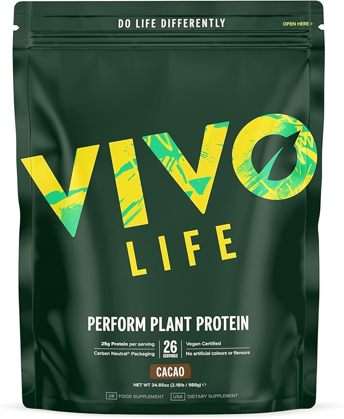 Vivo life Perform Plant Protein Powder - Pea &amp Hemp Protein Blend with BCAA (34.85 oz Raw Cacao)