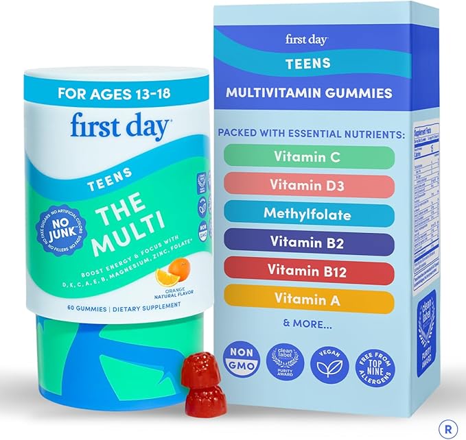 FIRST DAY Vitamins for Teens - Teen Multi Vitamins for Girls &amp Boys 12-17 Organic Fruit &amp Veggie Blend - 12 Key Nutrients: Vitamins A B1 B2 B6 B9 B12 C D3 E K2-30 Day Supply