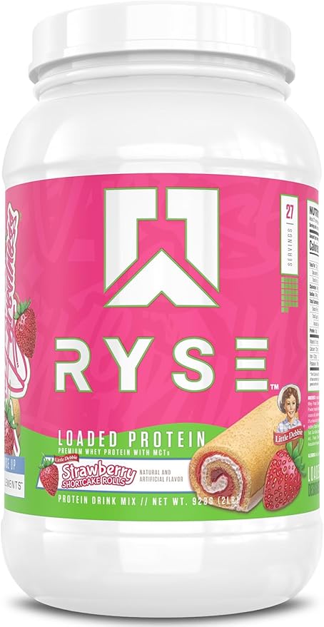 RYSE Loaded Protein Powder - Little Debbie Strawberry Shortcake Rolls - 25g Whey Protein Isolate &amp Concentrate with Prebiotic Fiber &amp MCTs - Low Carb &amp Low Sugar - 27 Servings / 2 lb Tub