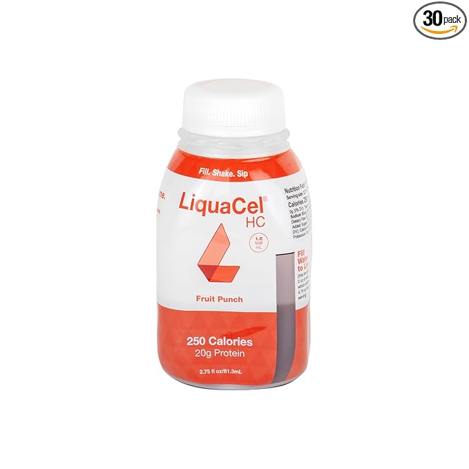 LiquaCel HC High-Calorie High-Protein Drink Fruit Punch Flavor 250 Calories &amp 20g Protein per Serving Gluten Free Kosher Suitable for Lactose Intolerance 2.75 fl oz Bottle 30ct Case