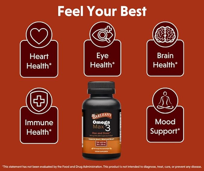 Barlean's Ideal Omega Max 3 Fish Oil Supplements 1000 mg Softgels EPA and DHA Fatty Acid Pills for Men and Women Orange Flavor 60 Count