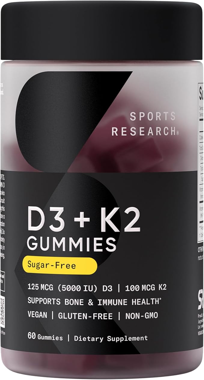 Sports Research® Vegan Vitamin D3 + K2 Gummy Supplements - Sugar-Free - 5000iu Vitamin D with 100mcg Mk7 Vitamin K - Supports Bone &amp Immune Health* - 60 Gummies for Adults