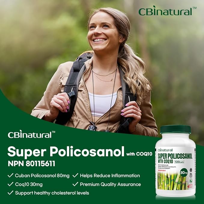 Super Sugarcane Policosanol 80 mg with CoQ10 30 mg 120 Vegetable Capsules Heart &amp Cholesterol Support 4-Month Supply Non-GMO Gluten Free