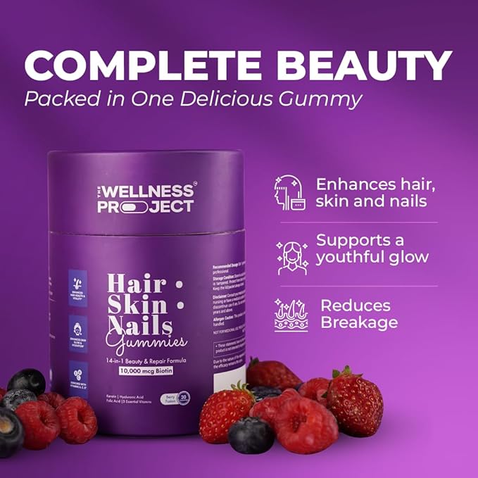 The Wellness Project 14-in-1 Hair Skin &amp Nails Gummies with 10000 mcg Biotin Keratin Hyaluronic &amp Folic Acid Vitamins A C B5 B6 &amp B12 &amp Sea Buckthorn | Tasty Mixed Berry Flavor