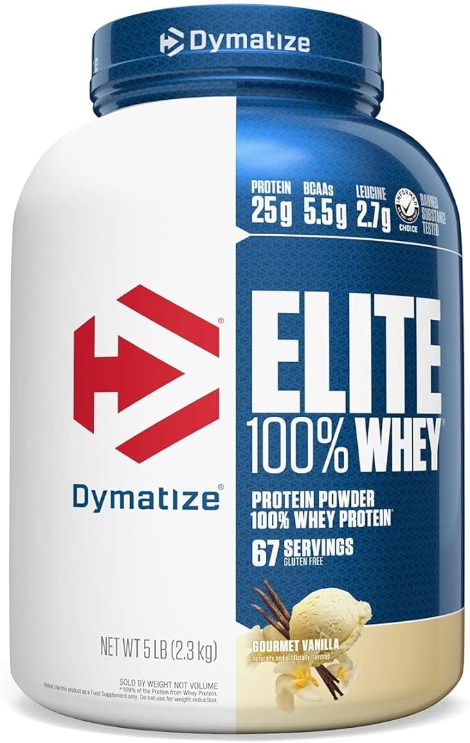 Dymatize Elite 100% Whey Protein Powder Vanilla 25g of Protein 5.5g BCAAs Less Than 140 Cal. Gluten Free 2g Carb 2g Sugar 3g Fat (67 Servings)