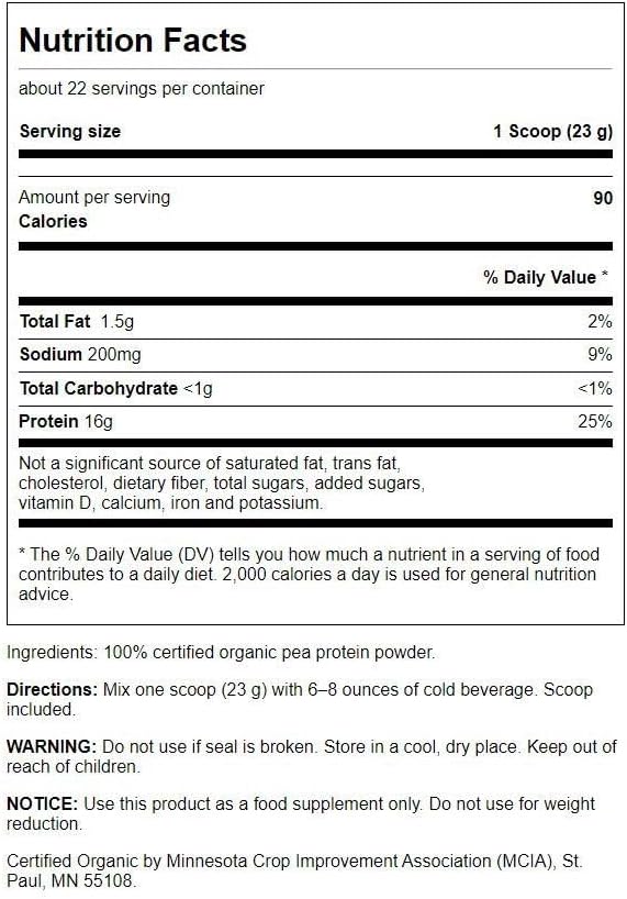 Swanson 100% Certified Organic Pea Protein Powder Non-GMO 1.1 lb (503 g) Pwdr