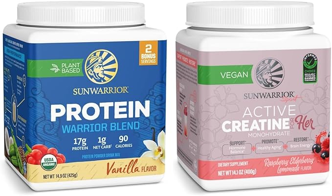 Creatine for Her &amp Vanilla Organic Plant Based Protein Powder Set | Bundle &amp Save | Vegan Organic Protein plus Raspberry Lemonade Creatine Monohydrate (50 Servings Creatine 17 Servings Vanill
