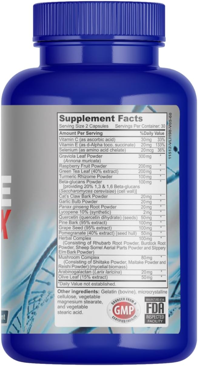 Immune Support Complex Supplement with Vitamin C E Quercetin Graviola Garlic Selenium Grape Seed Advanced Immune Defense Supports Overall Health Provides Vital Nutrients &amp Antioxidants