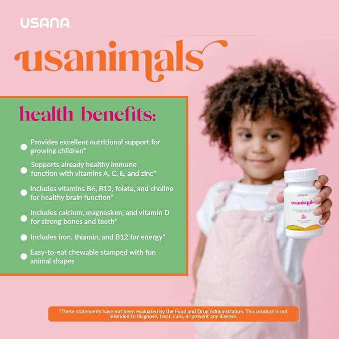 USANA Usanimals Multivitamin for Kids - Daily Chewable Tablets with Vitamins A C D E B6 B12 Zinc Iron - Supports Immune Bone &amp Brain Health - Essential Nutrients for Ages 2-12 - 56 Tablets