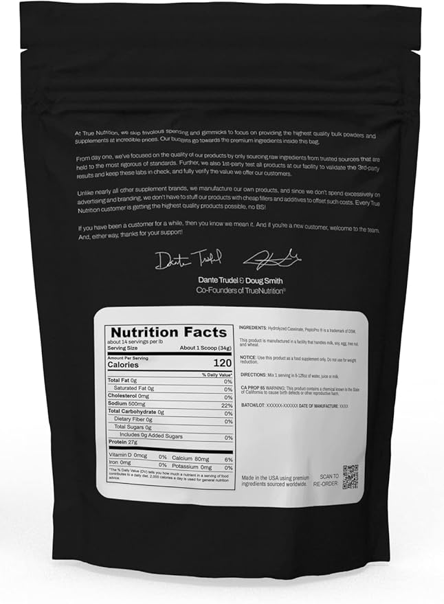 True Nutrition - Hydrolyzed Caseinate Protein Powder – 1 lb Unflavored | Fast-Absorbing Milk Protein Peptides for Muscle Recovery Intra &amp Post Workout Nutrition Easily Digested &amp Mixes Insta