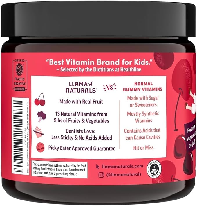 Llama Naturals Kids Multivitamin Gummies Vegan Organic with Vitamin D C &amp K Toddler Real Fruit Gummy Vitamins Chewable Supplement Cherry and Strawberry. 90 Ct