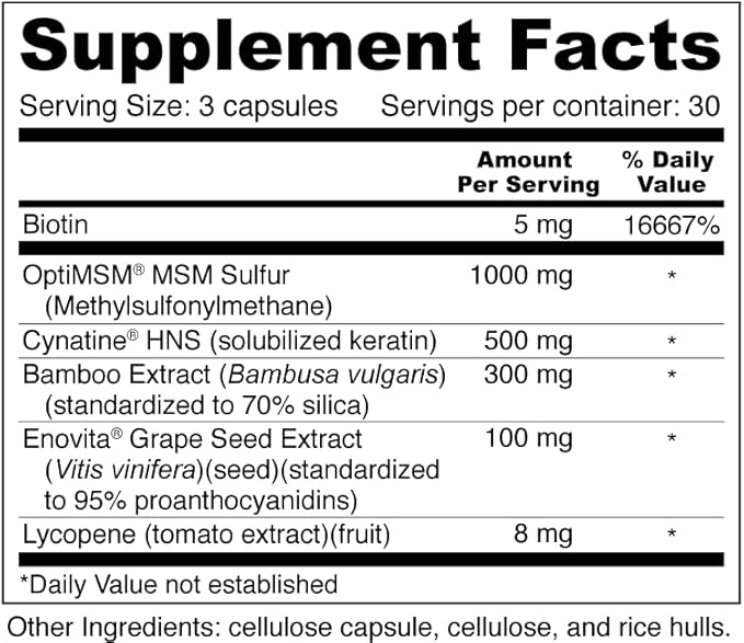 Wellness Resources Hair Skin &amp Nails with Biotin Cynatine HNS Keratin OptiMSM Bamboo &amp Grape Seed Extract – Supplement for Stronger Nails Healthier Hair &amp Youthful Skin (90 Capsules)