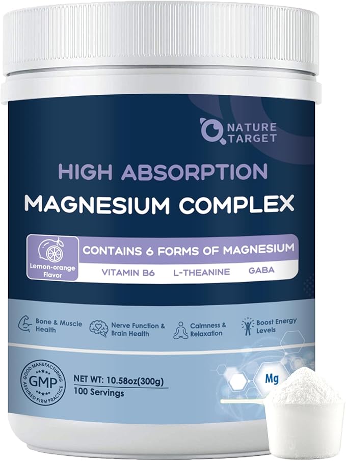 NATURE TARGET Magnesium Powder Supplement with Glycinate Citrate Malate Magnesium Complex with L-Theanine &amp Vitamin B6 for Muscle Heart &amp Brain Vegan 10.58 oz (100 Servings) Lemon Orang