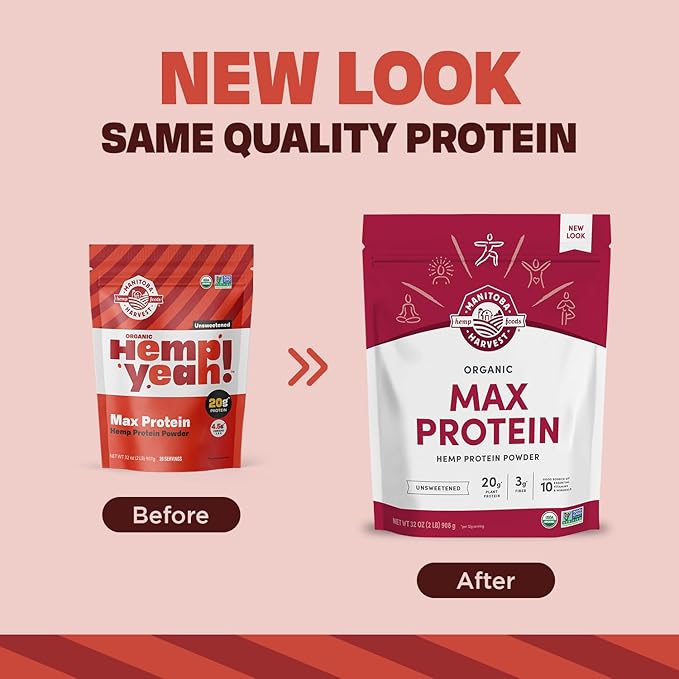 Manitoba Harvest Hemp Yeah Organic Max Protein Powder Unsweetened 32oz with 20g Protein and 4.5g Omegas 3&amp6 per Serving Keto-Friendly Preservative Free Non-GMO Packaging May Vary
