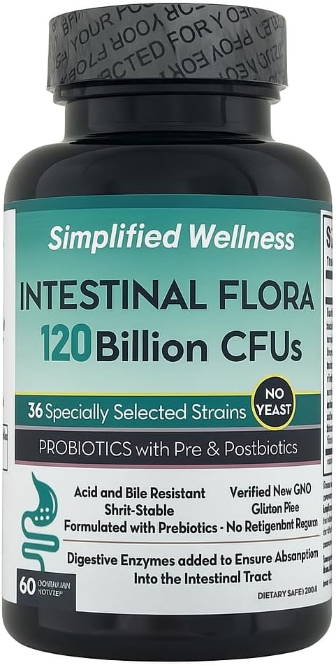Intestinal Flora Probiotic: 60 Day Supply: 120 Billion CFUs: 36 Selected Strains &amp Prebiotics: Digestive Support: Gluten-Free Non-GMO No Yeast.