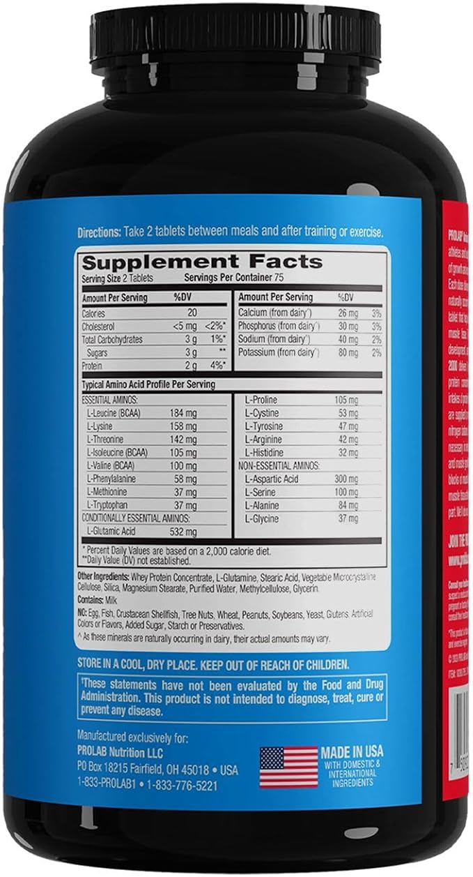 Prolab Amino 2000 Essential Amino Acids Supplement High-Potency BCAA Blend for Muscle Support &amp Recovery (150 Tablets)