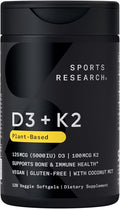 Sports Research Vitamin D3 with K2 Softgels - Plant Based K2 &amp Vegan D3 5000iu with Coconut MCT Oil - Vegan Certified Soy &amp Gluten Free - 120 Count