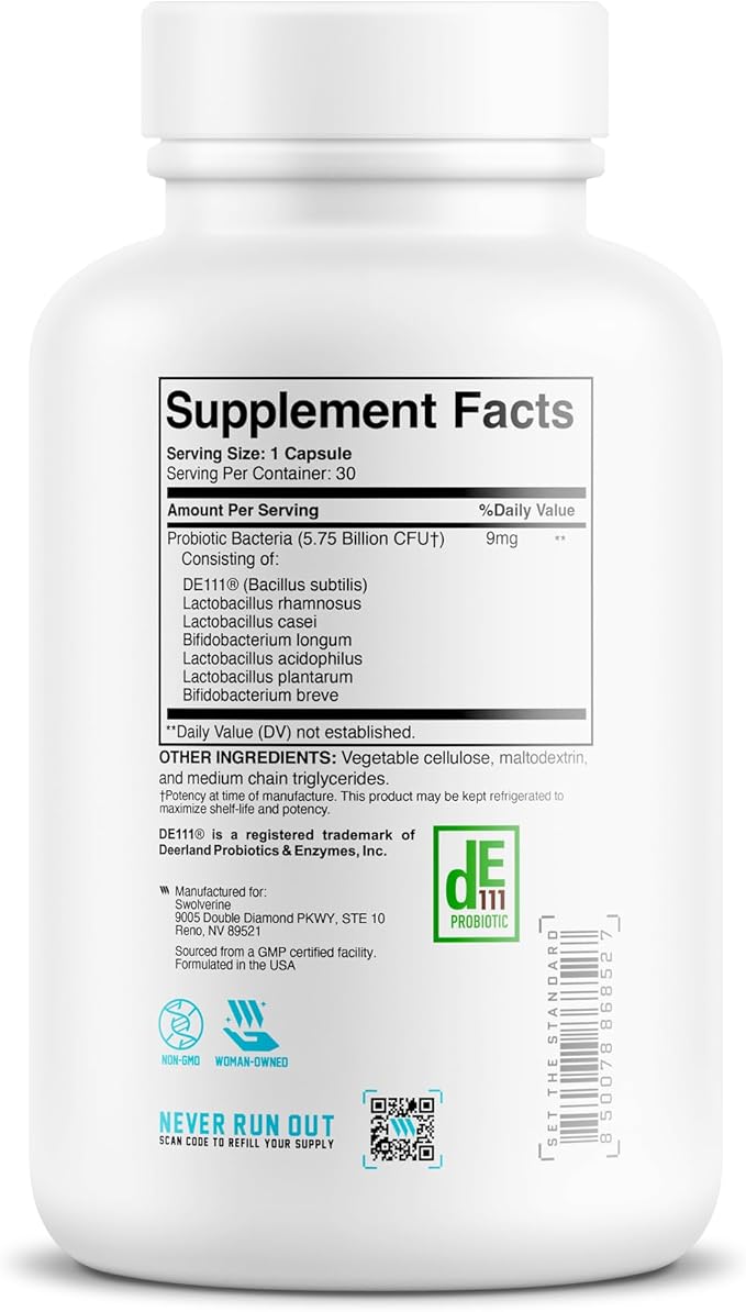 Swolverine Probiotix | Advanced Probiotic Supplement DE111 Bacillus Subtilis Digestive Health Gut Health Immune System Support (30 Count (Pack of 1))