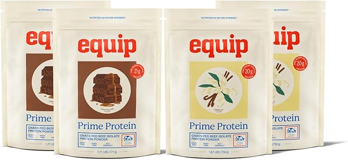 Equip Foods Chocolate Prime Protein Powder - Vanilla (x2) &amp Chocolate (x2) - Grass-Fed Isolate Beef Protein Powder - Paleo and Gluten Free - Helps Build and Repair Tissue Gluten Free