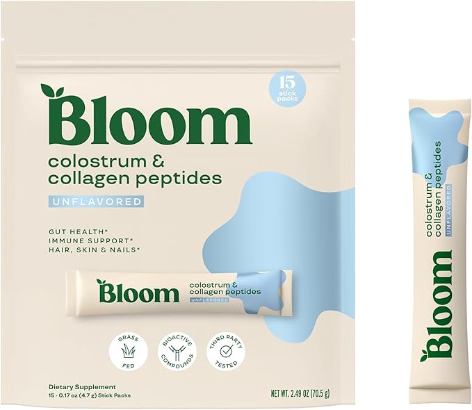 Bloom Nutrition Bovine Colostrum Powder Packet Gut Health Immune Support Hair Growth &amp Beauty Supplement Gluten Free Sugar Free | Unflavored 15 Servings