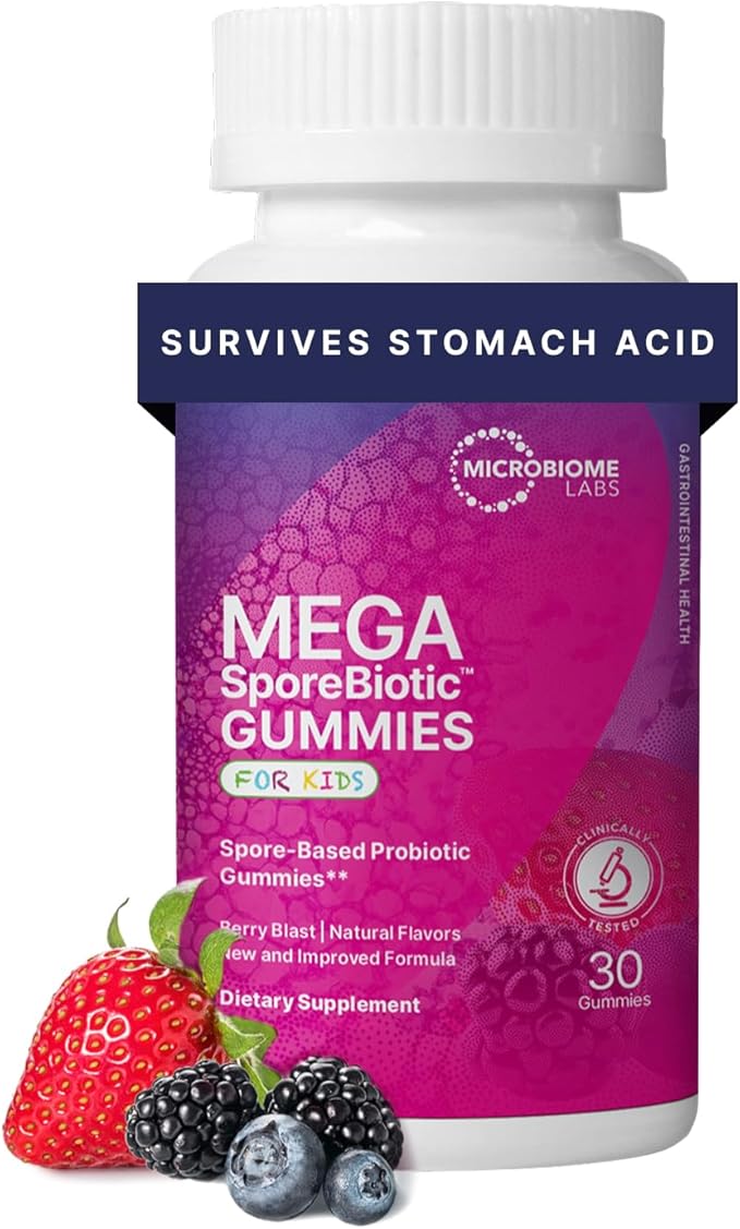 Microbiome Labs MegaSporeBiotic Kids Probiotic - Spore Based Gummy Probiotics for Kids - Supports Gut Health &amp Immunity with Bacillus Probiotic Blend - Berry Flavored (30 Gummies)