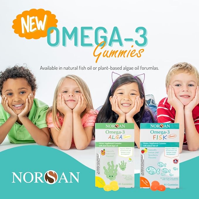 NORSAN Alga Premium Omega-3 Kids Vegan Gummies 45pcs - High Dosage DHA and EPA | 45 Vegan Chewing Gummies with 200mg Omega-3 per Gummie | Tutti Frutti Flavour | with Plant-Based Algae Oil
