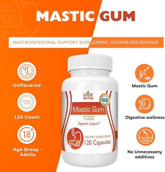 Mastic Gum Capsules - Natural Gastrointestinal Support Supplement 1000mg Per Serving - 120 Capsules (2 Bottles)