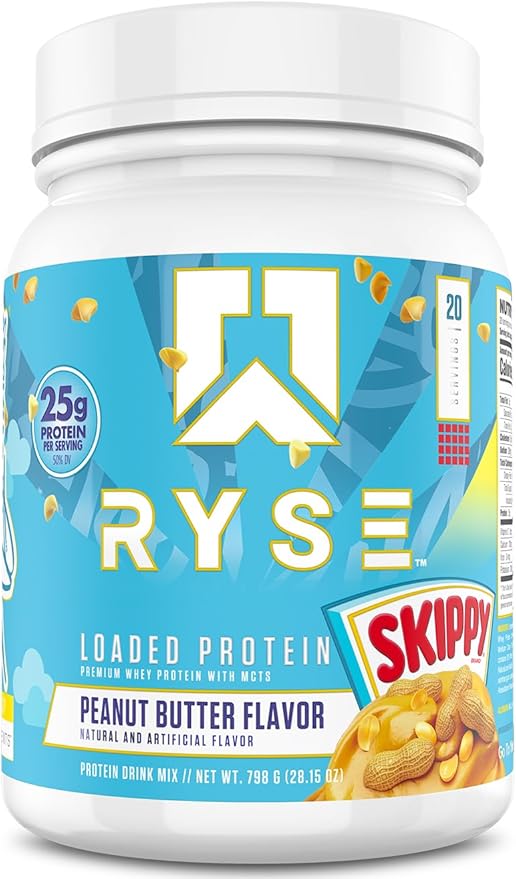 RYSE Loaded Protein Powder - Skippy Peanut Butter - 25g Whey Protein Isolate &amp Concentrate with Prebiotic Fiber &amp MCTs - Low Carb Low Sugar Digestive-Friendly - 20 Servings / 1.5 lb Tub
