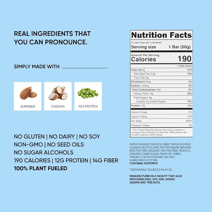 TRUBAR Vegan Protein Bar Cocoa For Coconuts Gluten Free Plant Based Protein Dairy Free Non GMO Soy Free No Sugar Alcohols 12G Protein 12G Fiber 23G Carb On the Go Snack Bars 12ct