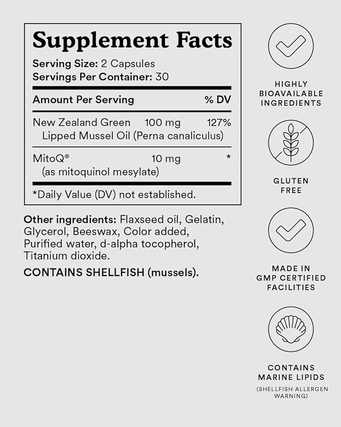 MitoQ +Joint Advanced CoQ10 Antioxidant Supplement - Contains Mitoquinol Mesylate &amp Green Lipped Mussel Omega Oil Extract - Supports Healthy Joint Mobility and Cell Vitality (60 Softgel Capsules)