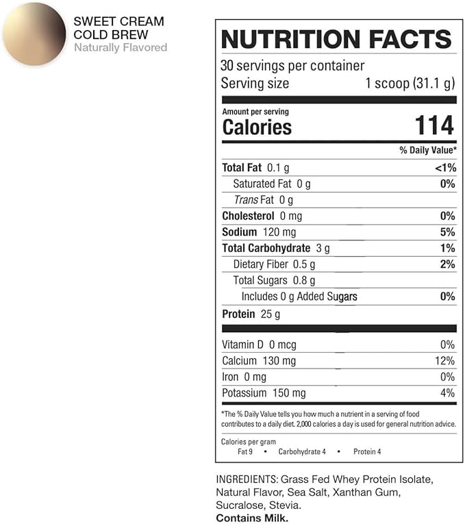 HD MUSCLE ProHD Protein | 100% Grass Fed Whey Isolate | 25g Protein 114 Calories 0g Fat | Zero Fillers or Amino Spiking | 2.1 Pound 30 Servings (Sweet Cream Cold Brew)